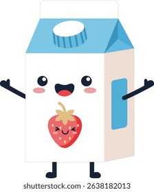 Vector Illustration of Kawaii Milk Carton Character with Strawberries – Fun and Healthy Concept