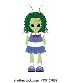 Vector Illustration of kawaii monster alien girl with big black eyes and green skin. Simple idea for kids Halloween outfit. Flat cartoon element for design