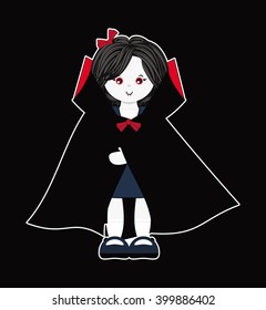 Vector Illustration of kawaii monster vampire girl with Dracula cloak and blood teeth. Simple idea for kids Halloween outfit. Flat cartoon element for design