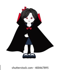 Vector Illustration of kawaii monster vampire girl with Dracula cloak and blood teeth. Simple idea for kids Halloween outfit. Flat cartoon element for design
