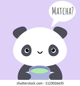 Vector illustration with kawaii panda bear and a cup of matcha tea, perfect for greeting cards, banners, etc.