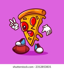 Vector illustration of kawaii pizza cartoon character with american football ball. Vector eps 10