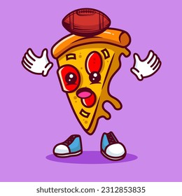 Vector illustration of kawaii pizza cartoon character with american football ball. Vector eps 10