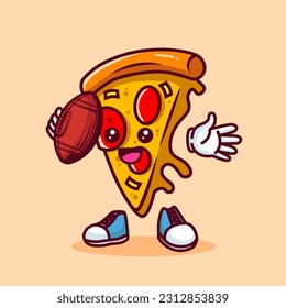 Vector illustration of kawaii pizza cartoon character with american football ball. Vector eps 10