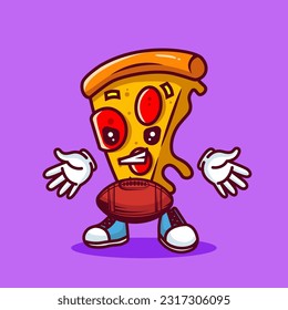 Vector illustration of kawaii pizza cartoon character with american football ball. Vector eps 10