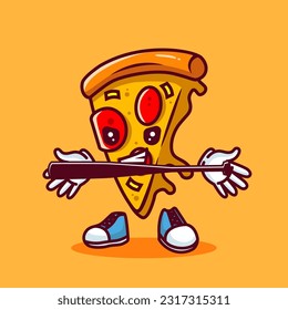 Vector illustration of kawaii pizza cartoon character with baseball bat and ball. Vector eps 10