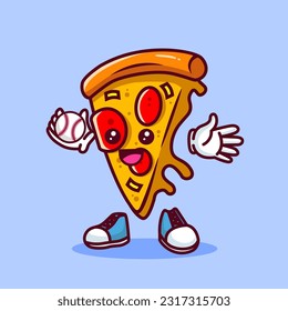 Ilustración vectorial del personaje de la caricatura de la pizza kawaii con bate de béisbol y bola. Vector eps 10