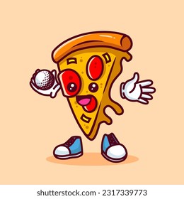Vector illustration of kawaii pizza cartoon character with stick golf and ball. Vector eps 10