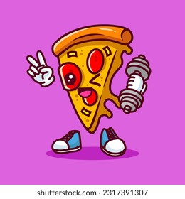 Vector illustration of kawaii pizza cartoon character with barbell. Vector eps 10
