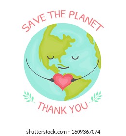 Vector illustration with kawaii planet earth with heart in hands. Save the planet, thank you.