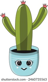 Ilustración vectorial de Kawaii Potted Cactus. Personaje de dibujos animados sobre fondo blanco.