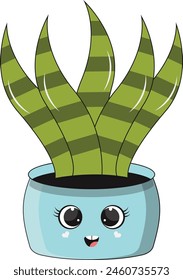 Vector Illustration of Kawaii Potted Cactus. Cartoon Character on White Background.