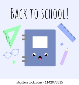 Vector illustration with kawaii school supplies and phrase: ''Back to school!''. Flat style. Great for banners, greeting cards, invitations, etc.