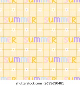 Vector illustration of kawaii seamless pattern summertime typography with soft, colorful tones. Perfect for summer picnic textiles, wrapping paper, and childrens clothing
