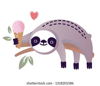 Vector illustration of a kawaii sloth  with ice-cream. Greetings postcard, card, invitation, poster, banner template.