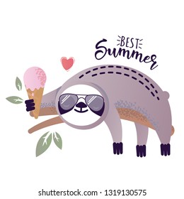 Vector illustration of a kawaii sloth  with ice-cream. Greetings postcard, card, invitation, poster, banner template.