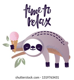 Vector illustration of a kawaii sloth  with ice-cream. Greetings postcard, card, invitation, poster, banner template.