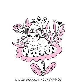 Vector illustration of a kawaii smiling kitten lying on a huge flower, surrounded by plants and leaves on a white background. Contour drawing for coloring.