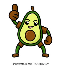 Vector illustration of kawaii style avocado fruit character posing one thumbs up