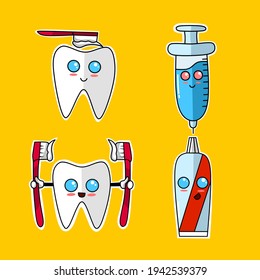 ilustración vectorial del estilo kawaii. conjunto de dientes y pasta dental