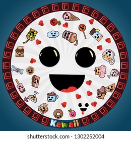 vector illustration in Kawaii style cute nice, adorable drawings in circular ornament, sweet pastry food and drinks, sticker design for decoration