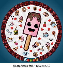 vector illustration in Kawaii style cute nice, adorable drawings in circular ornament, sweet pastry food and drinks, sticker design for decoration