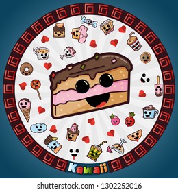 vector illustration in Kawaii style cute nice, adorable drawings in circular ornament, sweet pastry food and drinks, sticker design for decoration