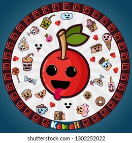 vector illustration in Kawaii style cute nice, adorable drawings in circular ornament, sweet pastry food and drinks, sticker design for decoration
