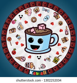 vector illustration in Kawaii style cute nice, adorable drawings in circular ornament, sweet pastry food and drinks, sticker design for decoration