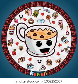 vector illustration in Kawaii style cute nice, adorable drawings in circular ornament, sweet pastry food and drinks, sticker design for decoration