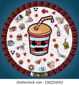 vector illustration in Kawaii style cute nice, adorable drawings in circular ornament, sweet pastry food and drinks, sticker design for decoration