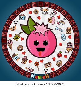 vector illustration in Kawaii style cute nice, adorable drawings in circular ornament, sweet pastry food and drinks, sticker design for decoration