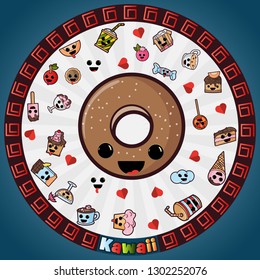 vector illustration in Kawaii style cute nice, adorable drawings in circular ornament, sweet pastry food and drinks, sticker design for decoration