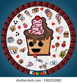 vector illustration in Kawaii style cute nice, adorable drawings in circular ornament, sweet pastry food and drinks, sticker design for decoration