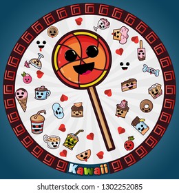 vector illustration in Kawaii style cute nice, adorable drawings in circular ornament, sweet pastry food and drinks, sticker design for decoration