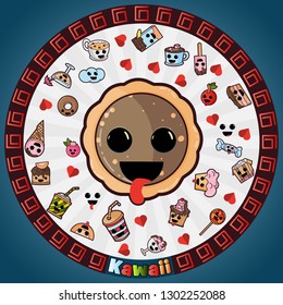 vector illustration in Kawaii style cute nice, adorable drawings in circular ornament, sweet pastry food and drinks, sticker design for decoration