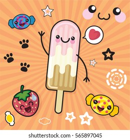 vector illustration kawaii style ice cream popsicles, candy, sweets on a light pink background.