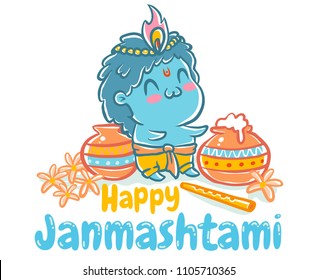 Vector illustration in kawaii style for Krishna Janmashtami. Little Krishna in kawaii style.