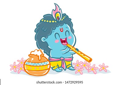 Vector illustration in kawaii style for Krishna Janmashtami. Little Krishna in kawaii style.