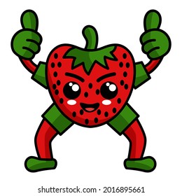 Vector illustration of kawaii style Strawberry fruit character posing one thumbs up