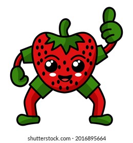 Vector illustration of kawaii style Strawberry fruit character posing one thumbs up