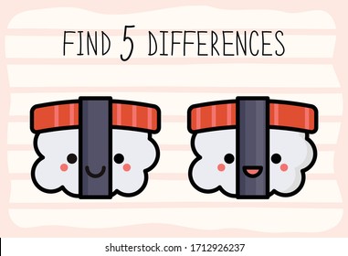 Vector illustration of kawaii sushi with red fish. Game for children find five differences.