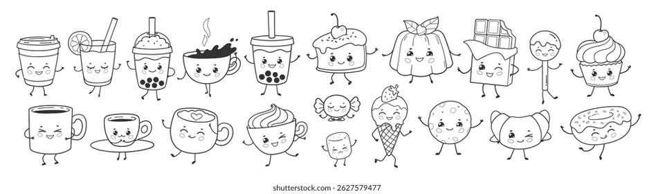 Vector illustration of kawaii sweets and drinks with happy faces. Line art set.
