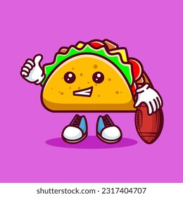 Ilustración vectorial del personaje de caricatura kawaii taco con la pelota de fútbol estadounidense. Vector eps 10