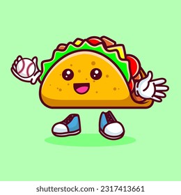 Vector illustration of kawaii taco cartoon character with baseball bat and ball. Vector eps 10