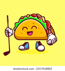 Vector illustration of kawaii taco cartoon character with stick golf and ball. Vector eps 10