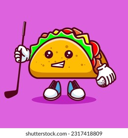 Vector illustration of kawaii taco cartoon character with stick golf and ball. Vector eps 10