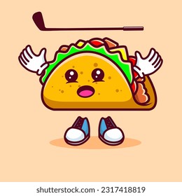 Vector illustration of kawaii taco cartoon character with stick golf and ball. Vector eps 10