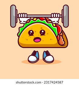 Vector illustration of kawaii taco cartoon character with barbell. Vector eps 10