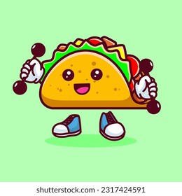 Vector illustration of kawaii taco cartoon character with barbell. Vector eps 10